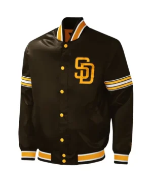 Starter brown varsity jacket with San Diego Padres branding, modern fit, and iconic baseball fashion appeal
