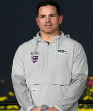 Super Bowl LX Opening Night Mike MacDonald grey anorak hoodie jacket with hood and pullover half-zip closure for fan apparel