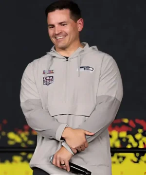 Mike MacDonald Super Bowl LX Opening Night anorak hoodie jacket in light grey with half-zip hooded design and casual athletic style