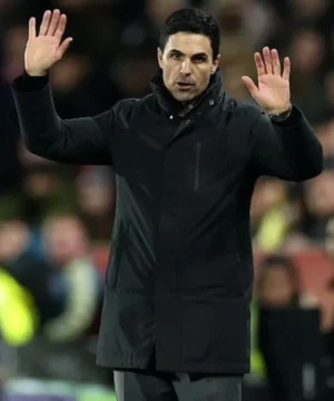 Mikel Arteta Arsenal vs Wigan Athletic puffer jacket featuring insulated winter design and sideline coaching style