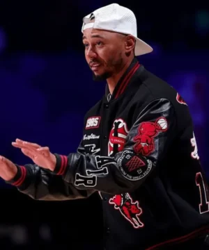 Celebrity All Star Game 2026 Mookie Betts varsity jacket with classic wool body and contrast leather sleeves