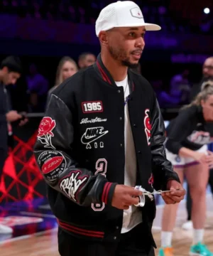 Celebrity All Star Game 2026 Mookie Betts varsity jacket with classic wool body and contrast leather sleeves