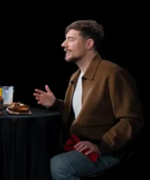 Celebrity-style MrBeast jacket showcasing sleek silhouette and contemporary talk show fashion look