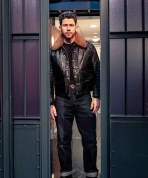 Nick Jonas NBC Studios black leather jacket featuring sleek celebrity-inspired design and premium outerwear styling