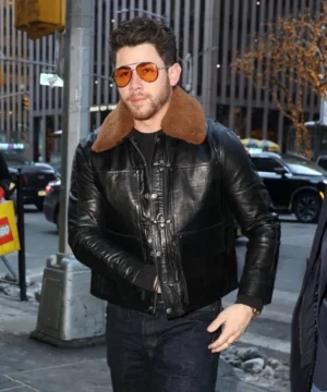 NBC Studios Nick Jonas black leather jacket with modern fit, smooth leather texture, and urban fashion appeal