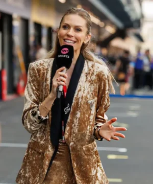 Nicki Shields Jeddah E-Prix blazer featuring a sleek motorsport-inspired look and modern tailoring