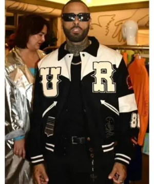 Nicky Jam Rodeo Style River varsity jacket featuring bold embroidered design and premium celebrity-inspired outerwear