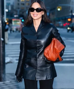 Olivia Munn Kallmeyer fashion show black leather jacket featuring sleek tailored fit and modern runway elegance