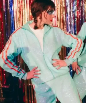 Opalite sequin tracksuit worn by Taylor Swift with modern fit, shimmering fabric, and pop star fashion appeal