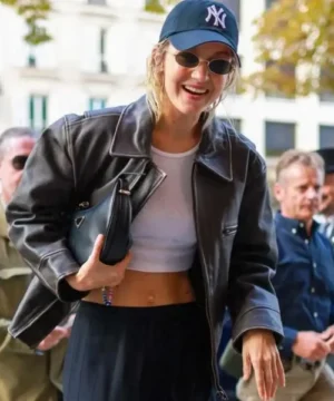 Black leather jacket inspired by Gigi Hadid street style fashion motorcycle jacket for women