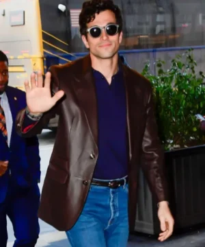 Paul Anthony Kelly NBC Studio leather blazer featuring sleek celebrity-inspired design and premium outerwear styling