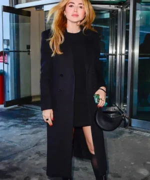 NYC Peyton List long trench coat, elegant high-fashion celebrity street style