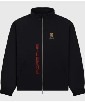 Porsche black track jacket featuring sleek motorsport style and sporty athletic fit