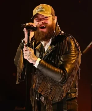 Post Malone 68th Annual GRAMMY Awards fringe jacket featuring bold celebrity red carpet styling