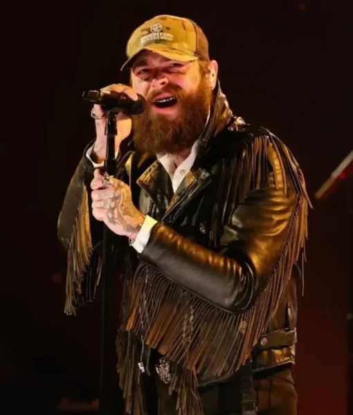 Post Malone 68th Annual GRAMMY Awards fringe jacket featuring bold celebrity red carpet styling