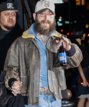 Post Malone NY Fashion Week distressed leather jacket featuring edgy street style and celebrity-inspired fashion