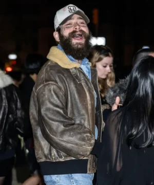 NY Fashion Week Post Malone distressed leather jacket with rugged texture, bold design, and modern urban outerwear appeal