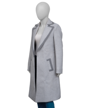 “Wednesday TV show Larissa grey coat, premium fan apparel and cosplay outerwear for Halloween or events.”