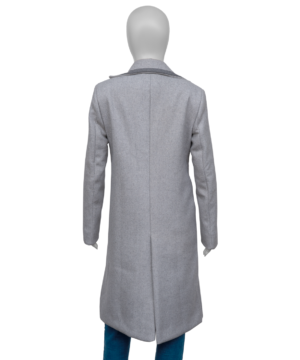 “Grey coat replica of Larissa from Wednesday series, iconic cosplay jacket for TV show enthusiasts.”