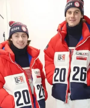 Quinn Hughes and Jack Hughes Team USA Closing Ceremony Jacket Winter Olympics patriotic hockey style jacket