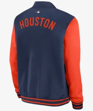 Houston Astros blue and orange bomber jacket designed with a dugout-inspired look, lightweight comfort, and MLB fan fashion appeal