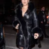 Rihanna NYC black fur trim leather coat featuring luxurious detailing and bold winter street style