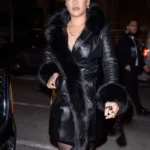 Rihanna NYC Black Fur Trim Leather Coat