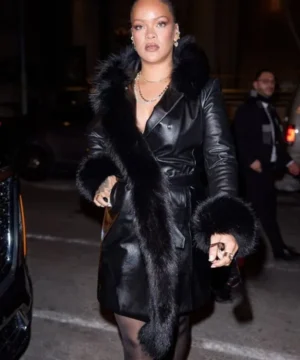 Rihanna NYC black fur trim leather coat featuring luxurious detailing and bold winter street style