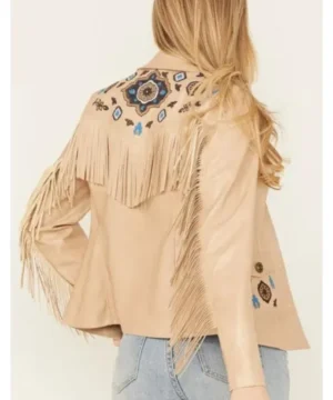 Embroidered tan fringe leather jacket for women featuring boho-inspired fashion and versatile streetwear appeal