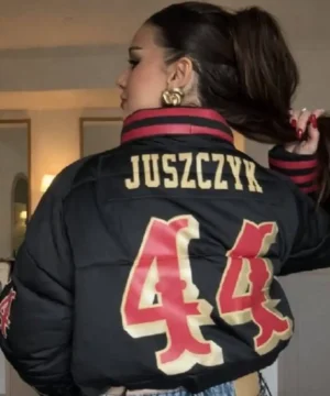 Kristin Juszczyk inspired SF 49ers black puffer jacket designed for warmth, comfort, and versatile game-day wear