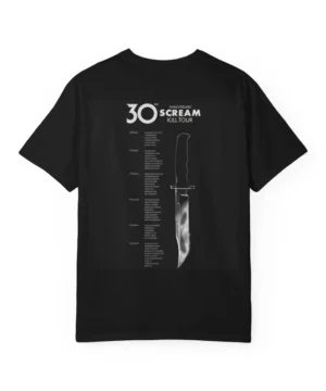 Scream Kill Tour 30th Anniversary black t-shirt with bold print design and classic slasher movie fan appeal