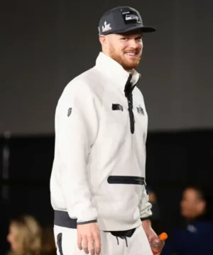 Men’s Seattle Seahawks half-zip sweatshirt featuring Super Bowl LX Opening Night branding and premium fleece fabric