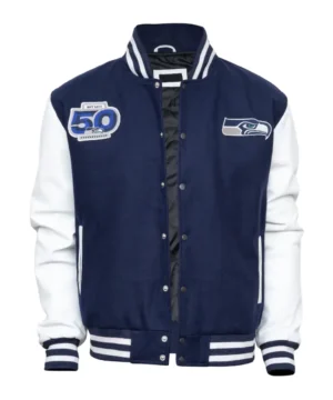 Seattle Seahawks anniversary jacket celebrating 50 years of franchise history in premium wool blend