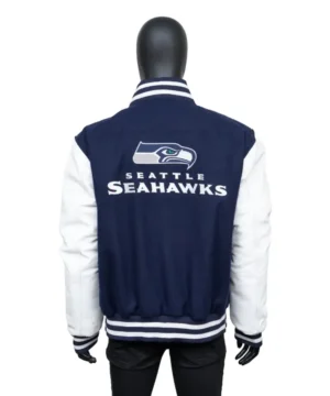 Women’s and men’s Seattle Seahawks 50th Season varsity jacket in team colors blue and white
