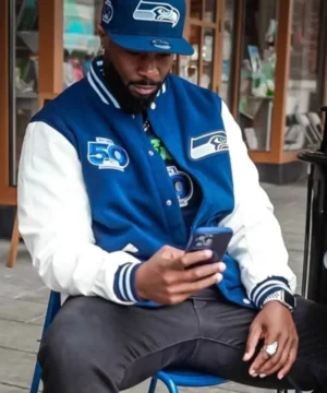 Official Seahawks 50th Season varsity jacket with rib knit collar and leather sleeves for NFL fans