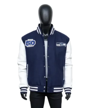 Classic Seahawks 50th Season wool varsity jacket with premium leather sleeves and rib cuffs