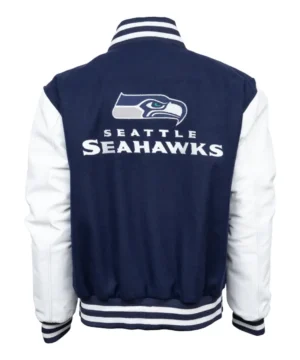 Blue and white Seahawks 50th Season varsity jacket with outer pockets and stylish rib knit trim