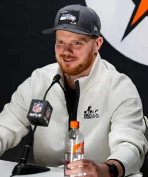 Seattle Seahawks Super Bowl LX Opening Night half-zip sweatshirt in heather gray with official team logo and tech fleece design