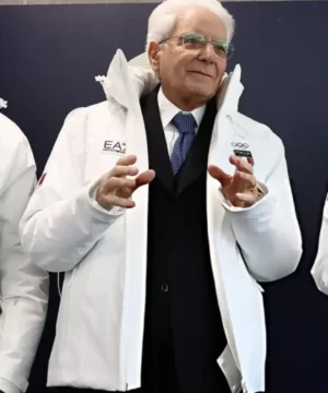 “Milano Cortina 2026 Italian Olympic jacket worn by Sergio Mattarella, premium winter sports fan apparel.”