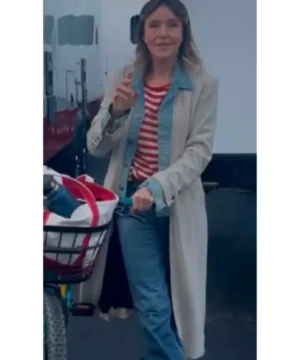 “Christa Miller Shrinking S03 long coat with elegant tailoring and modern celebrity-inspired outerwear look.”