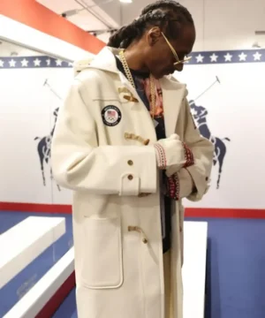 Milano Cortina Olympics 2026 Snoop Dogg toggle coat with warm fabric, iconic celebrity look, and luxury winter outerwear appeal