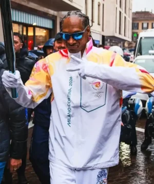 “2026 Olympics Torchbearers jacket worn by Snoop Dogg, stylish Milano Cortina jacket for fans and event enthusiasts.”