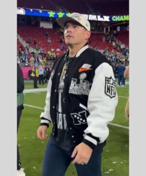 Official Seattle Seahawks Nike Super Bowl LX Champions black destroyer jacket featuring wool body and leather sleeves