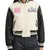 Super Bowl LX 2026 women’s varsity jacket featuring official NFL event design and premium wool‑blend construction