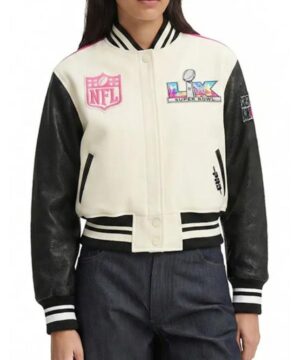 Super Bowl LX 2026 women’s varsity jacket featuring official NFL event design and premium wool‑blend construction
