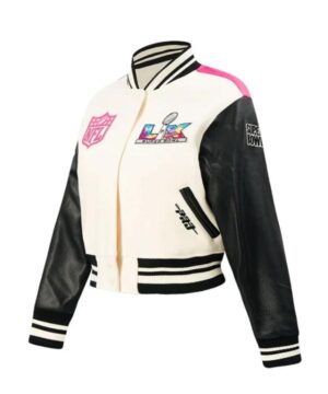 Nike‑style Super Bowl LX women’s varsity jacket showcasing sleek silhouette and modern game‑day outerwear appeal