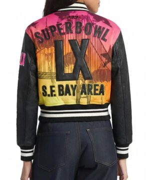 Women’s Super Bowl LX 2026 varsity jacket with ribbed collar, leather sleeves, and bold championship graphic details