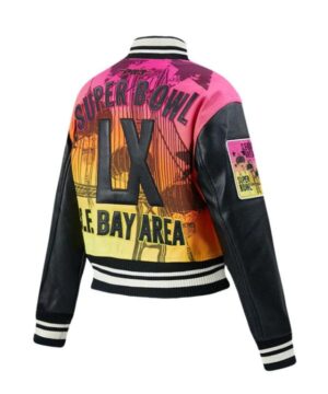 2026 Super Bowl LX women’s varsity jacket designed with buttoned front and ribbed cuffs for stylish fan fashion