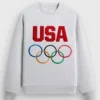 “Team USA Raglan Nelson crewneck sweatshirt featuring classic red, white, and blue colors with comfortable athletic fit.”