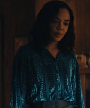 Tessa Thompson inspired His and Hers S01 blue silk blouse designed with soft silk material and versatile everyday styling